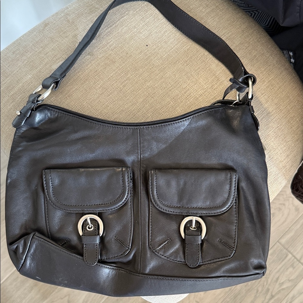 Giani Bernini Dark Leather Shoulder Bag with Silver Accents